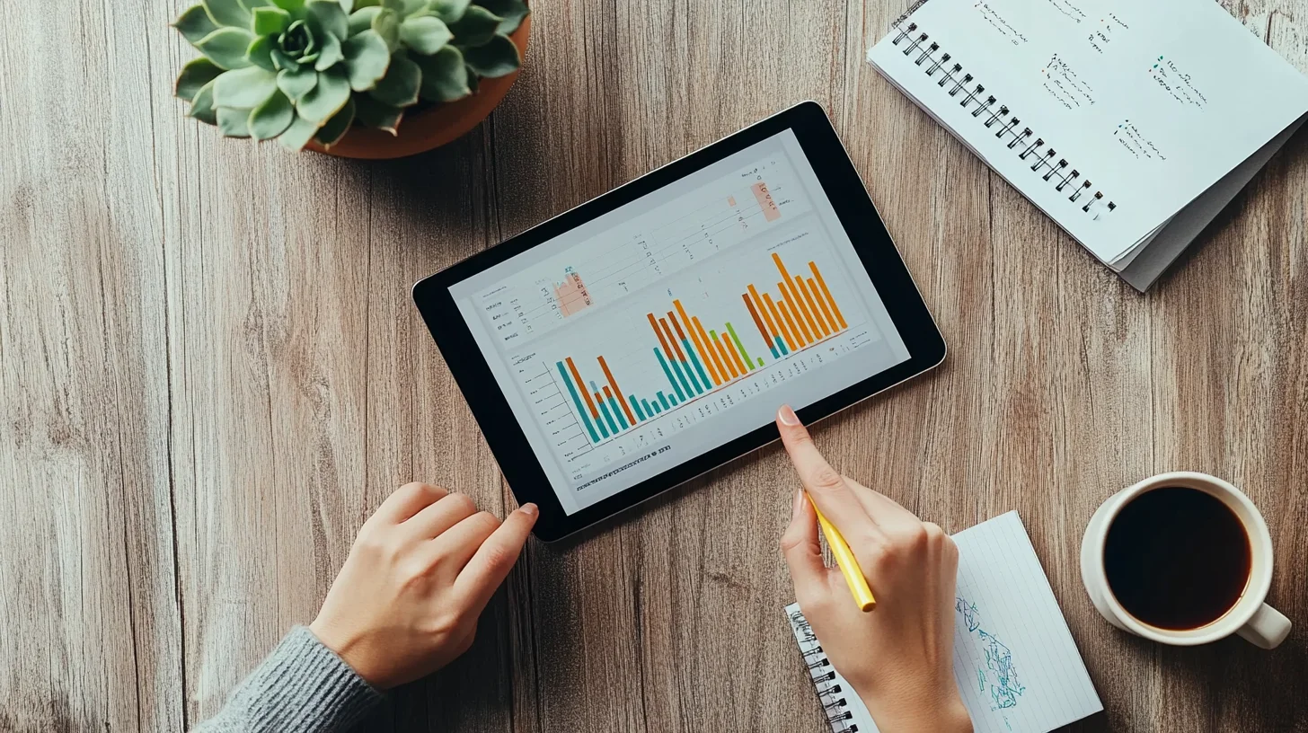 Clean desk with tablet showing financial planning graphs and calculator